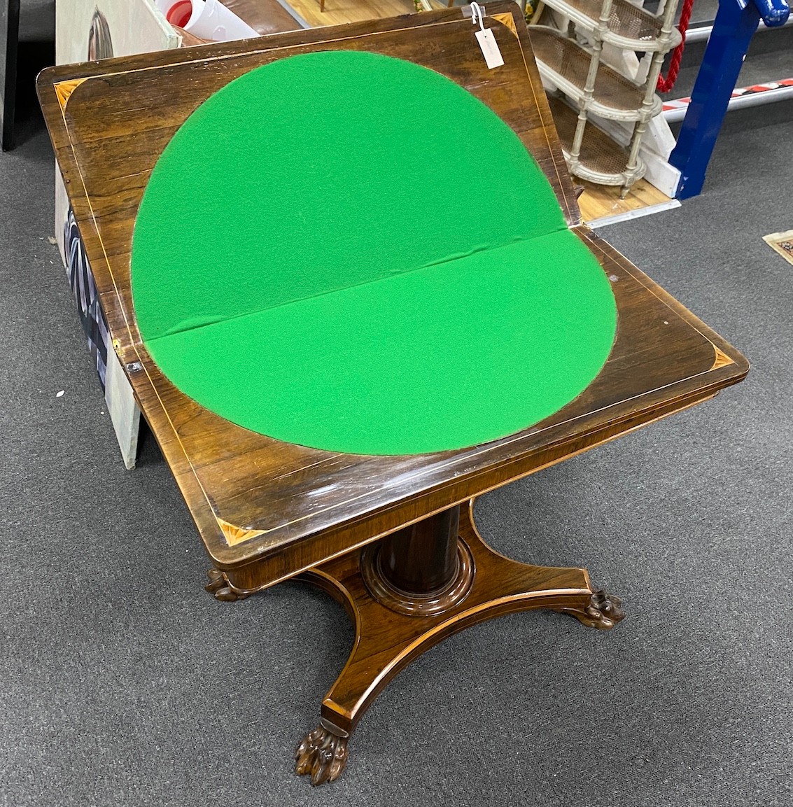 An early Victorian satinwood inlaid rosewood folding card table, width 90cm, depth 45cm, height 71cm